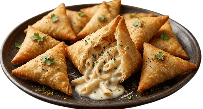 Samosas with creamy white sauce penne pasta filling on a plate