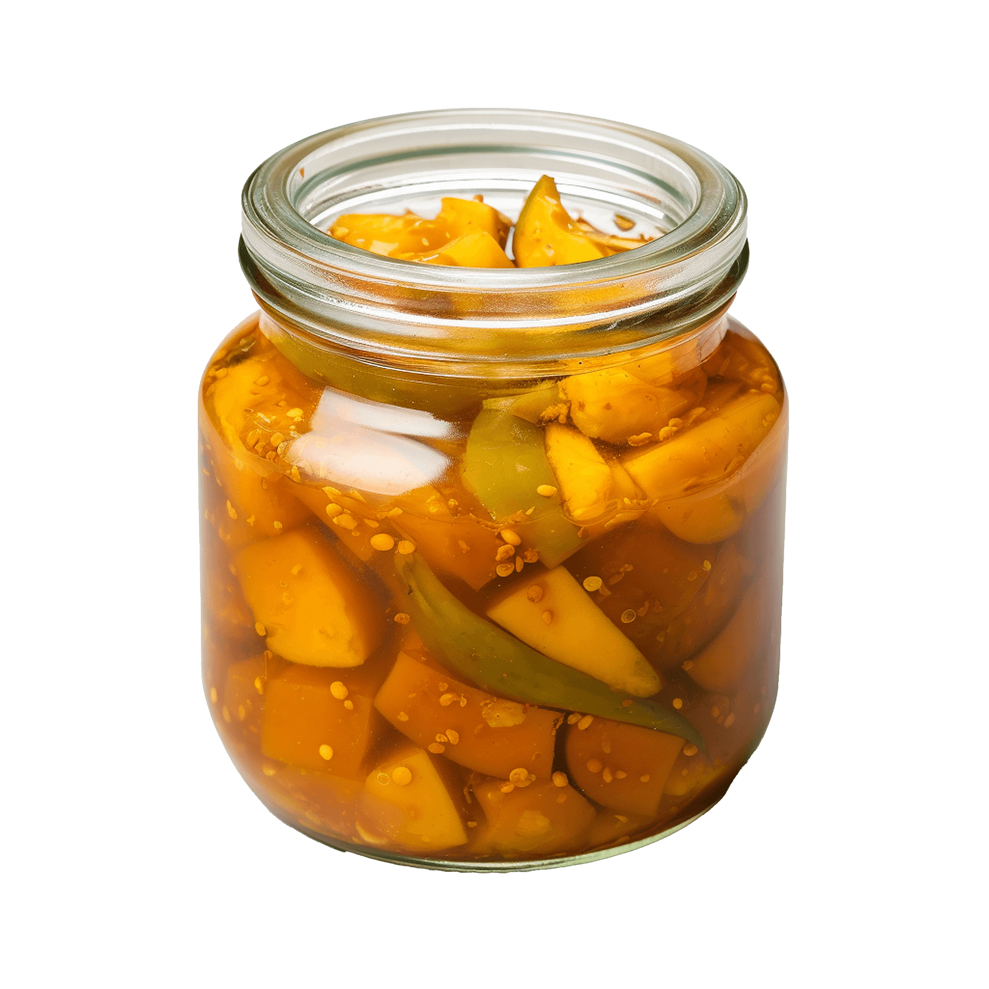 Open glass jar of pickled fruit in golden oil on a dark background
