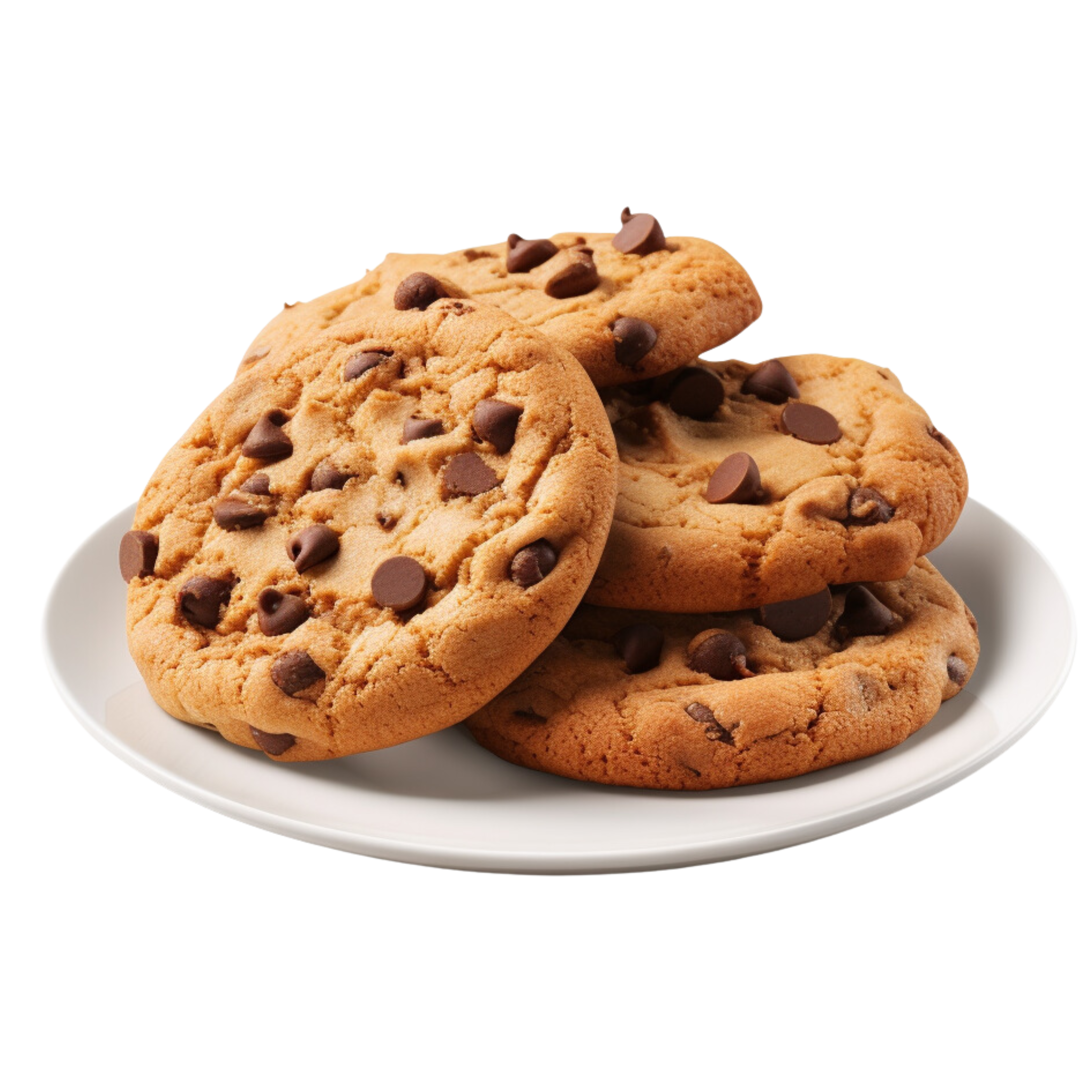 Stack of chocolate chip cookies on a white plate
